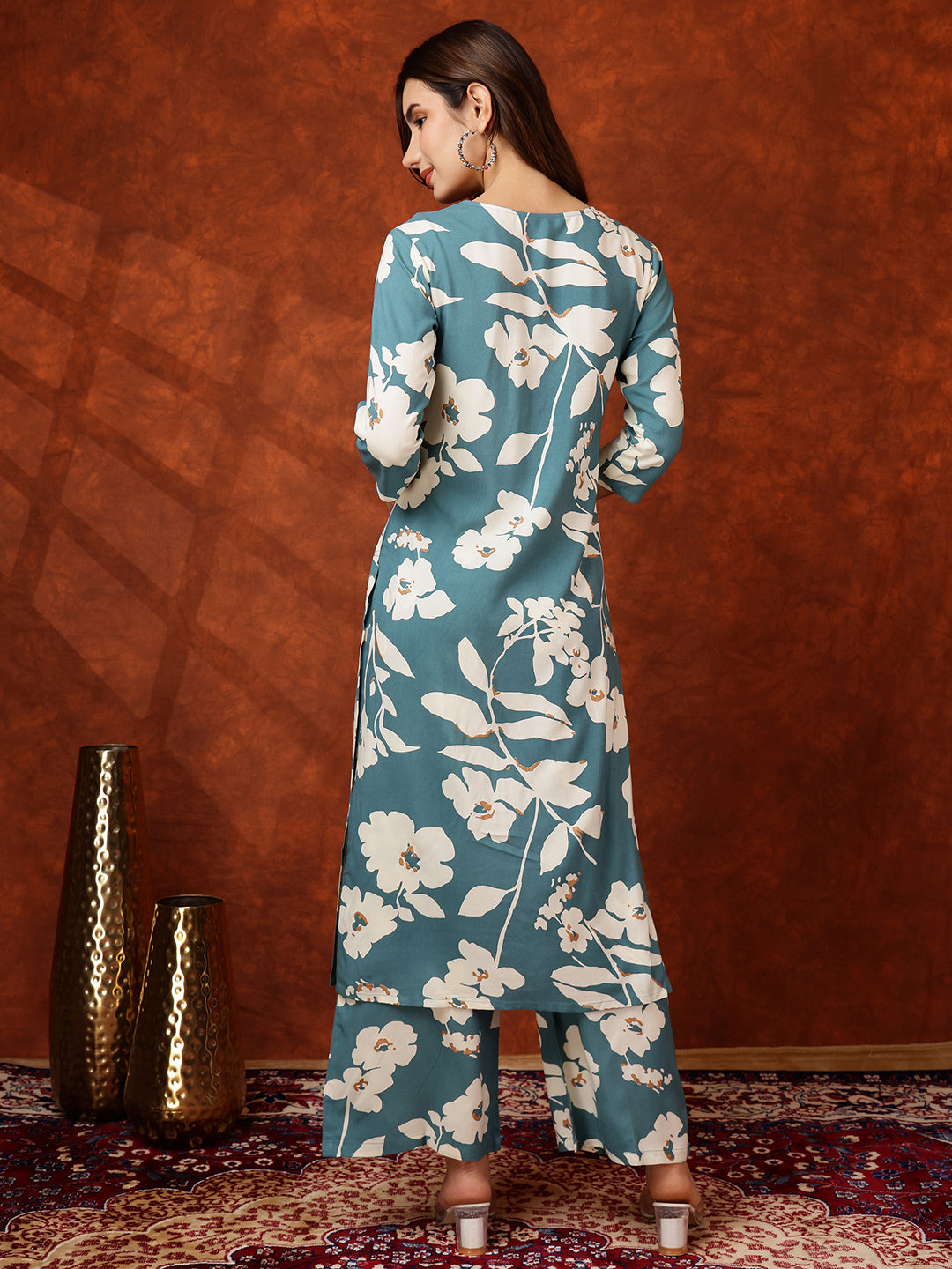 Botanical Printed Kurta With Palazzo Pant, Turquoise - Hiral Fashion | Grocsy