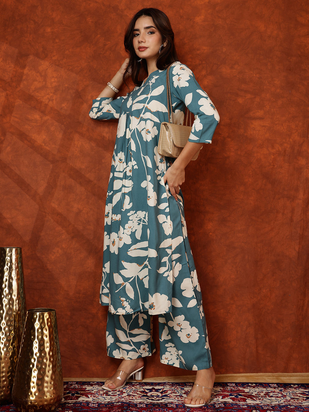 Botanical Printed Kurta With Palazzo Pant, Turquoise - Hiral Fashion | Grocsy