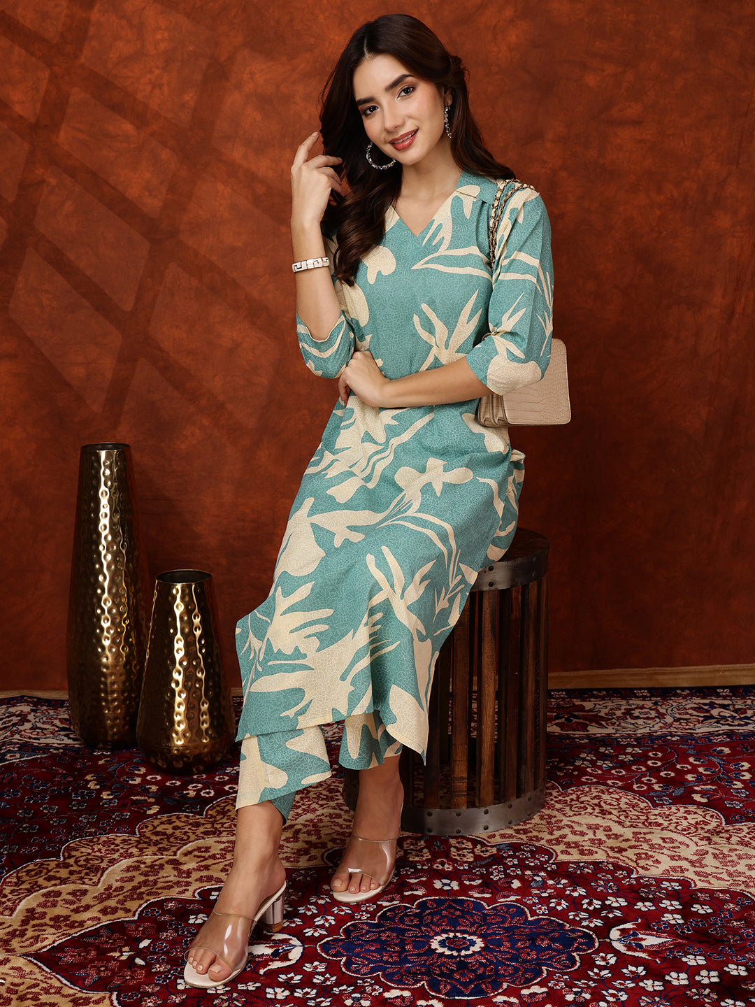 Floral Printed Designer Collared Kurta With Palazzo, Turquoise - Hiral Fashion | Grocsy