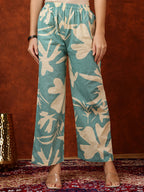 Floral Printed Designer Collared Kurta With Palazzo, Turquoise - Hiral Fashion | Grocsy