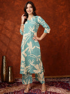 Floral Printed Designer Collared Kurta With Palazzo, Turquoise - Hiral Fashion | Grocsy