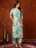 Floral Printed Designer Collared Kurta With Palazzo, Turquoise - Hiral Fashion | Grocsy