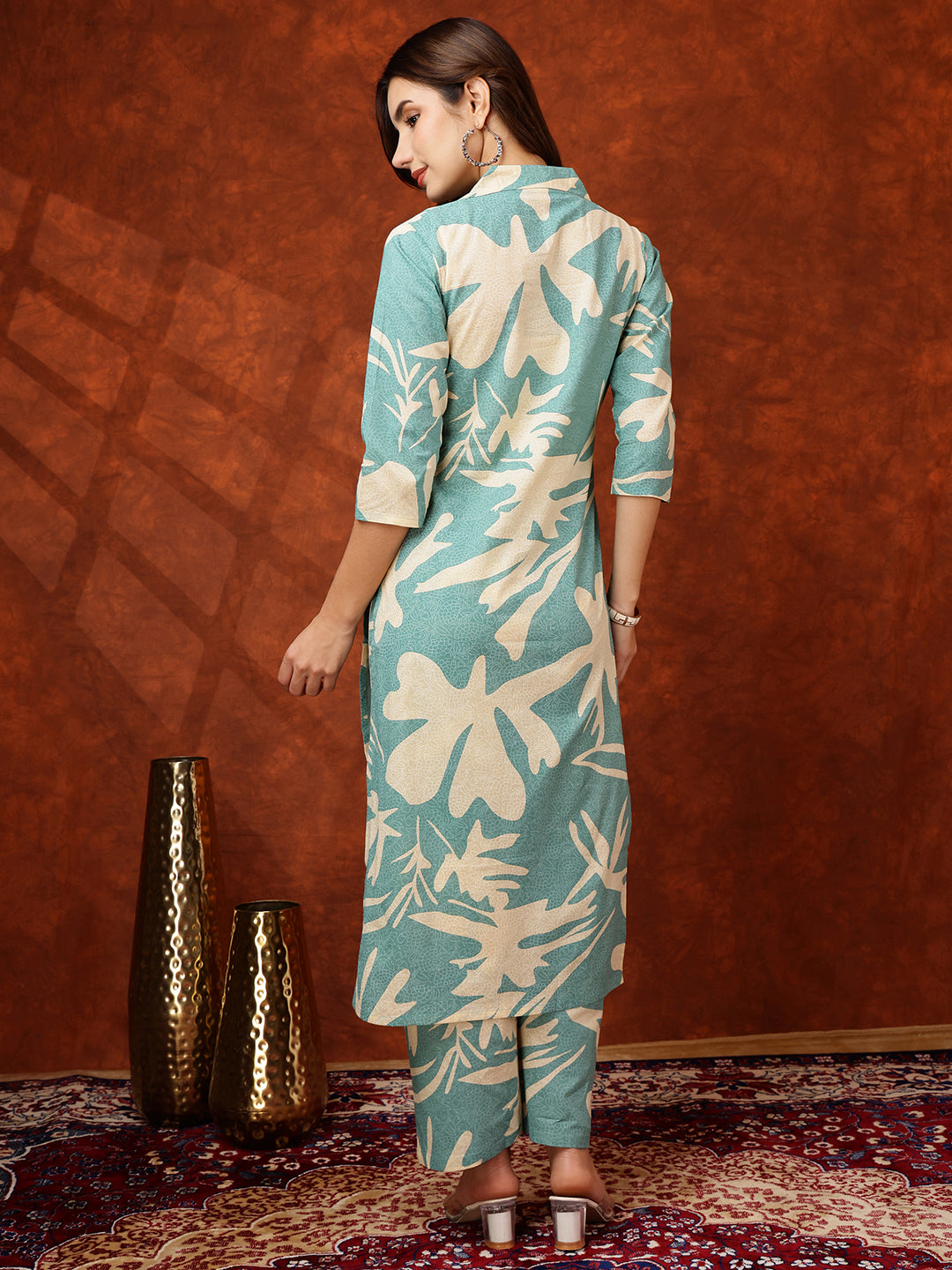 Floral Printed Designer Collared Kurta With Palazzo, Turquoise - Hiral Fashion | Grocsy