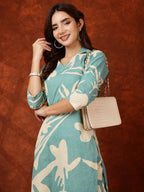 Floral Printed Designer Collared Kurta With Palazzo, Turquoise - Hiral Fashion | Grocsy
