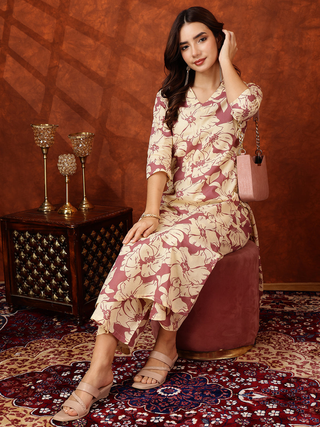 Floral Printed Designer Collared Kurta With Palazzo, Pink - Hiral Fashion | Grocsy