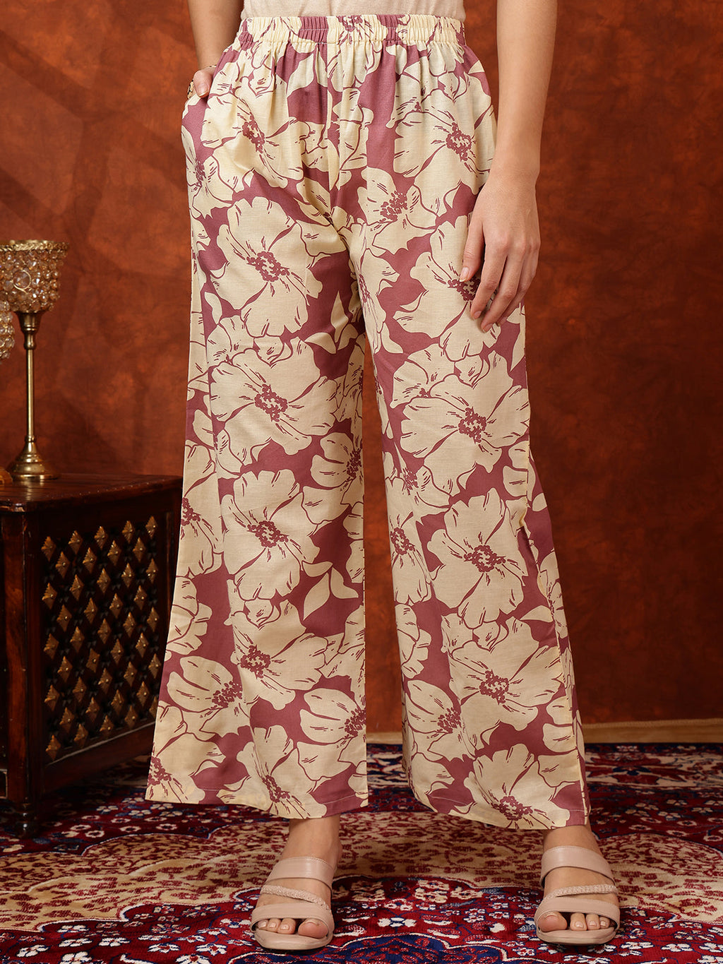 Floral Printed Designer Collared Kurta With Palazzo, Pink - Hiral Fashion | Grocsy