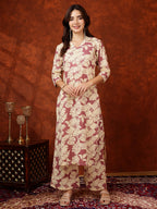 Floral Printed Designer Collared Kurta With Palazzo, Pink - Hiral Fashion | Grocsy