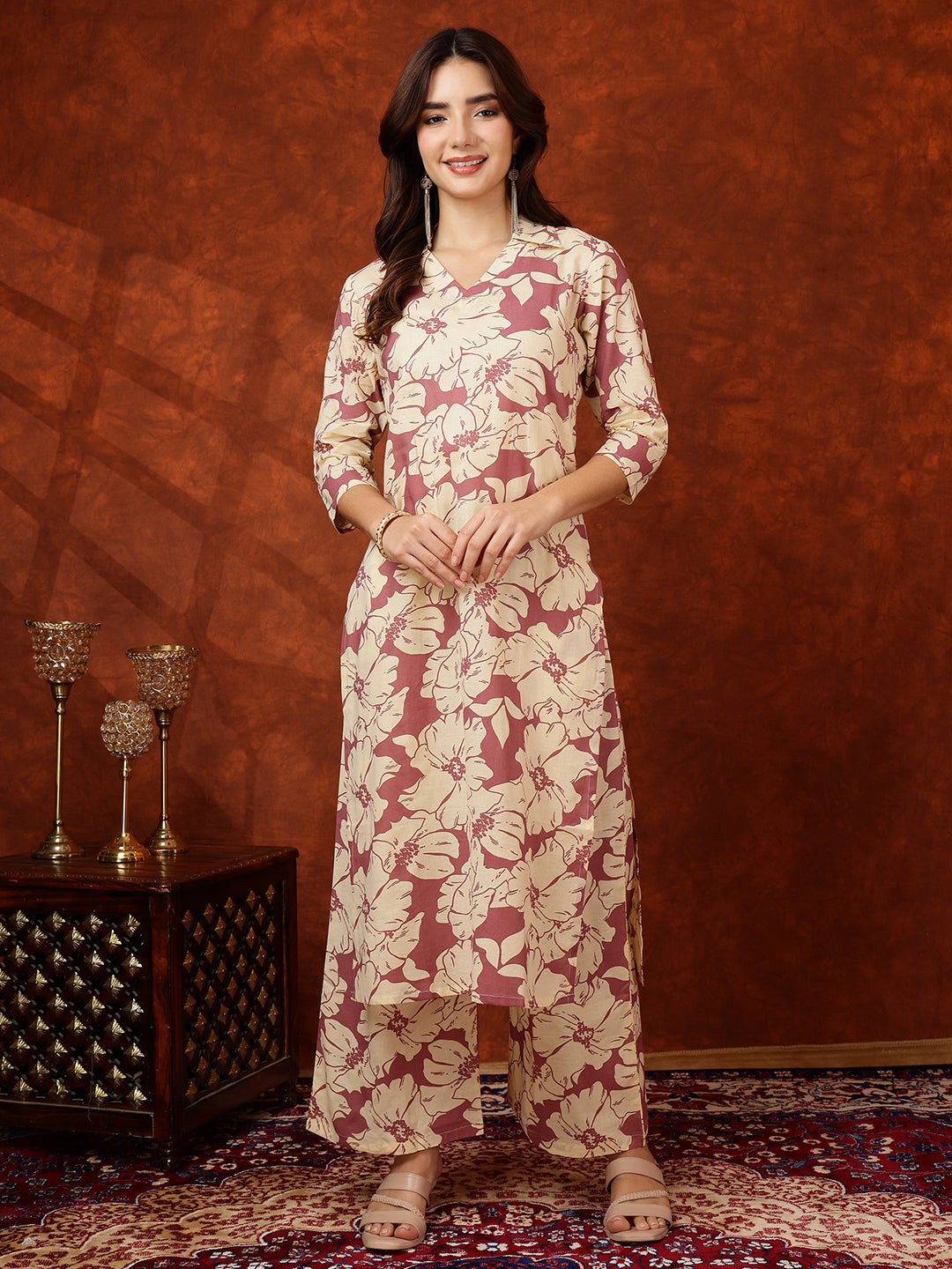 Floral Printed Designer Collared Kurta With Palazzo, Pink - Hiral Fashion | Grocsy