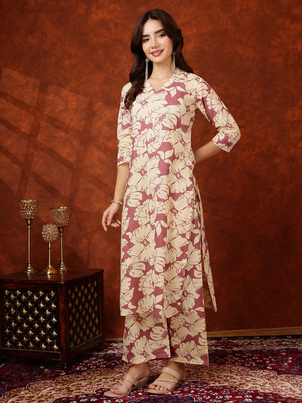 Floral Printed Designer Collared Kurta With Palazzo, Pink - Hiral Fashion | Grocsy