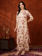 Floral Printed Designer Collared Kurta With Palazzo, Pink - Hiral Fashion | Grocsy