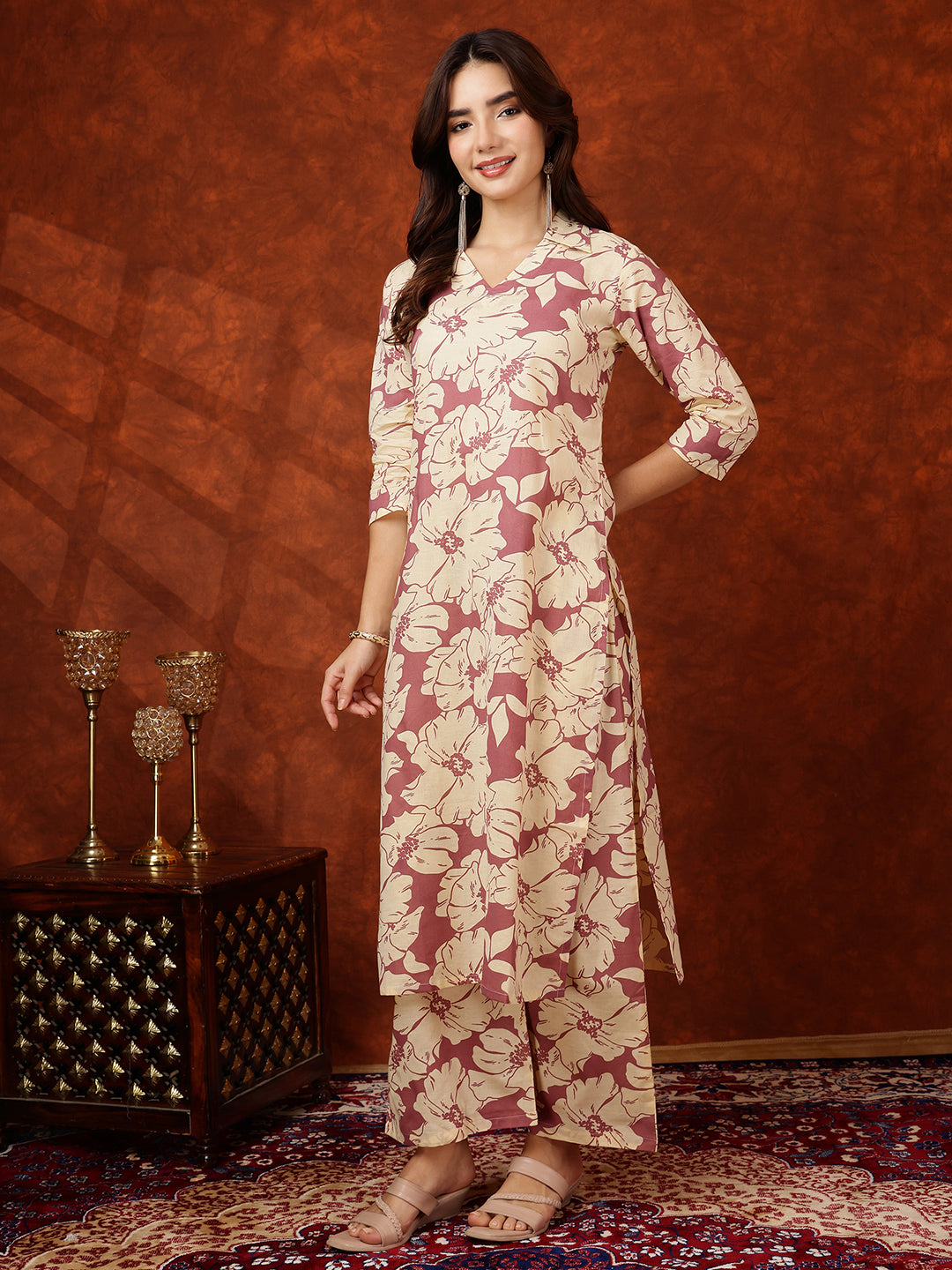 Floral Printed Designer Collared Kurta With Palazzo, Pink - Hiral Fashion | Grocsy