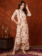 Floral Printed Designer Collared Kurta With Palazzo, Pink - Hiral Fashion | Grocsy