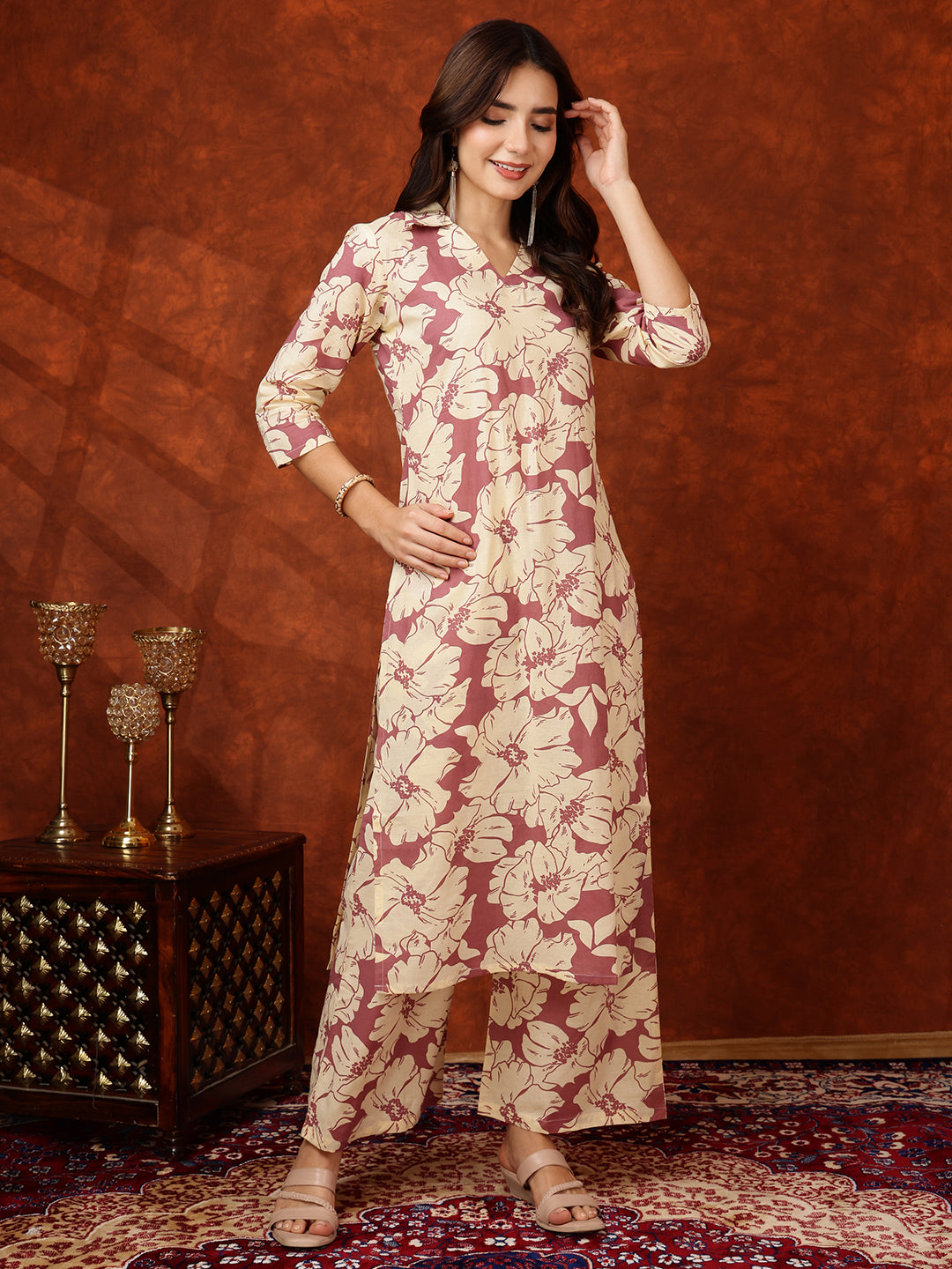 Floral Printed Designer Collared Kurta With Palazzo, Pink - Hiral Fashion | Grocsy
