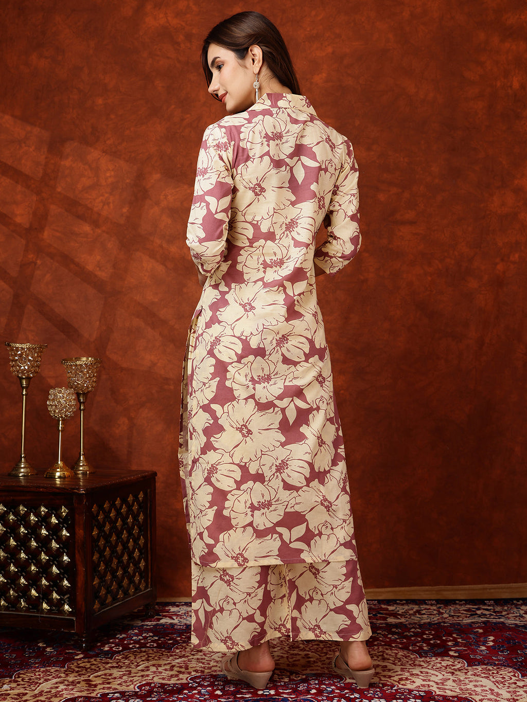 Floral Printed Designer Collared Kurta With Palazzo, Pink - Hiral Fashion | Grocsy