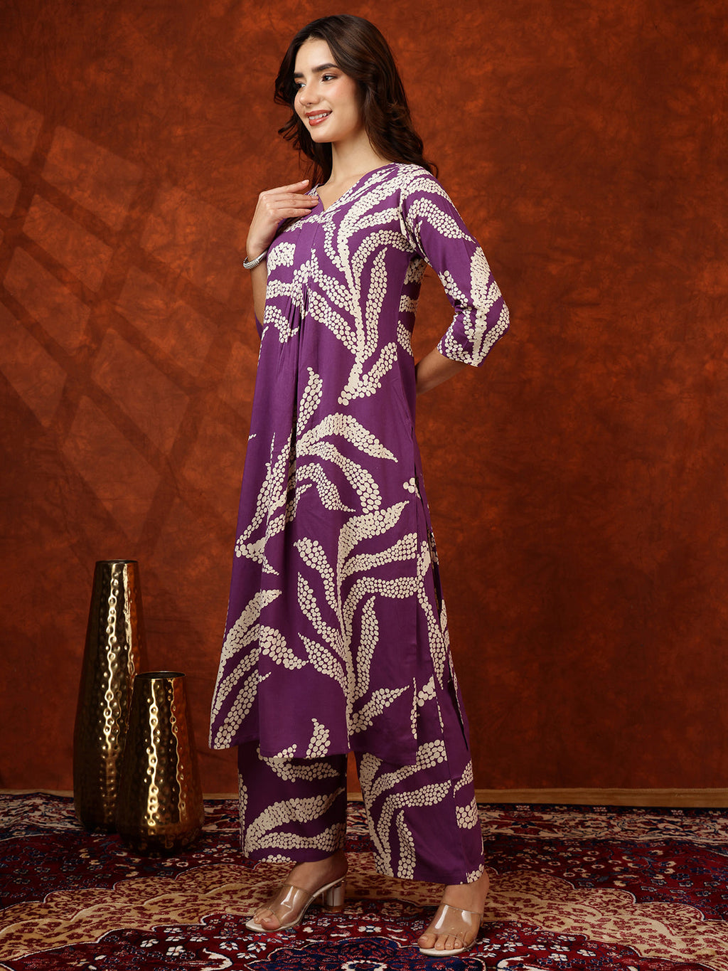 Botanical Printed Kurta With Palazzo Pant, Purple - Hiral Fashion | Grocsy