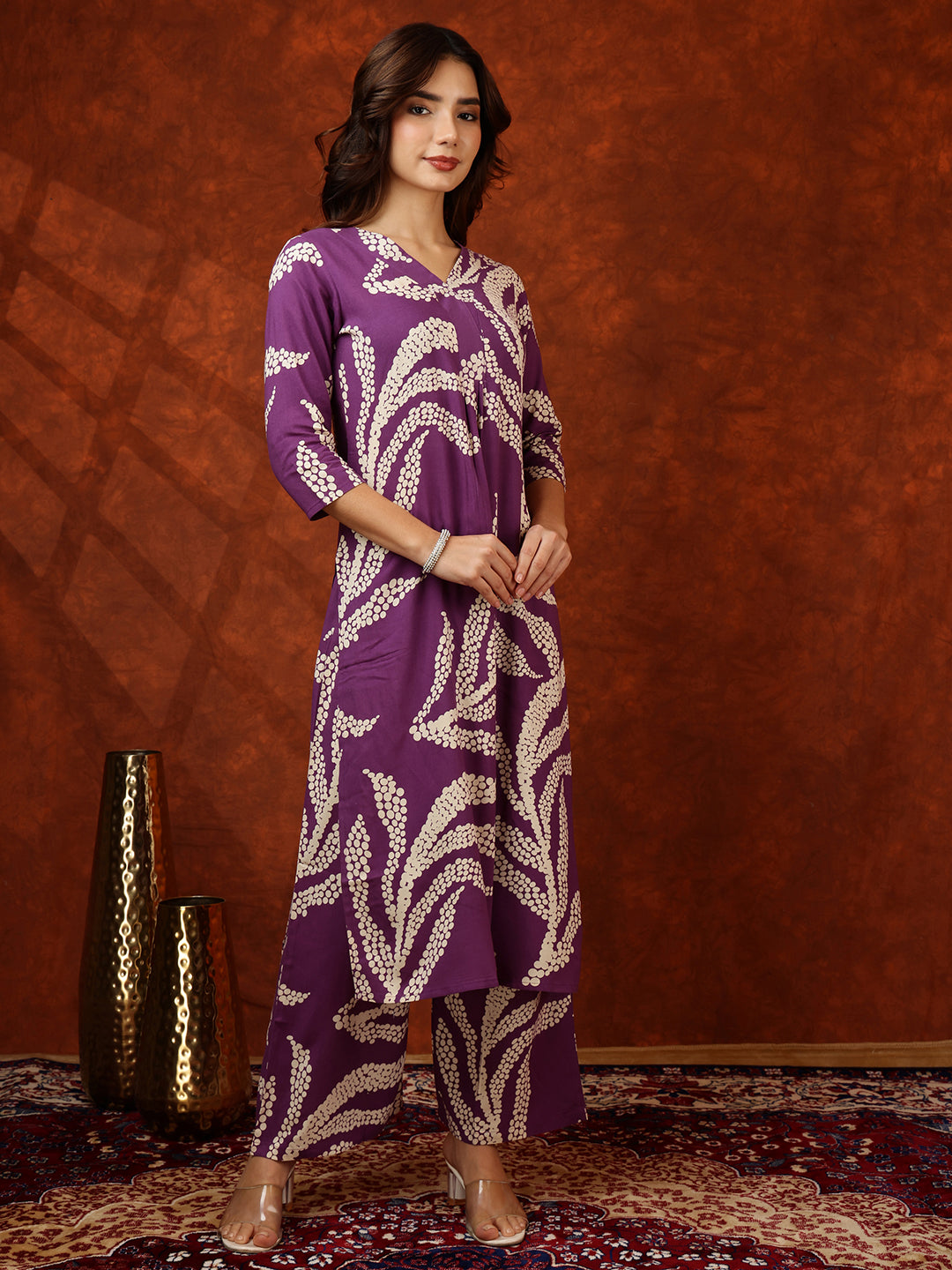 Botanical Printed Kurta With Palazzo Pant, Purple - Hiral Fashion | Grocsy
