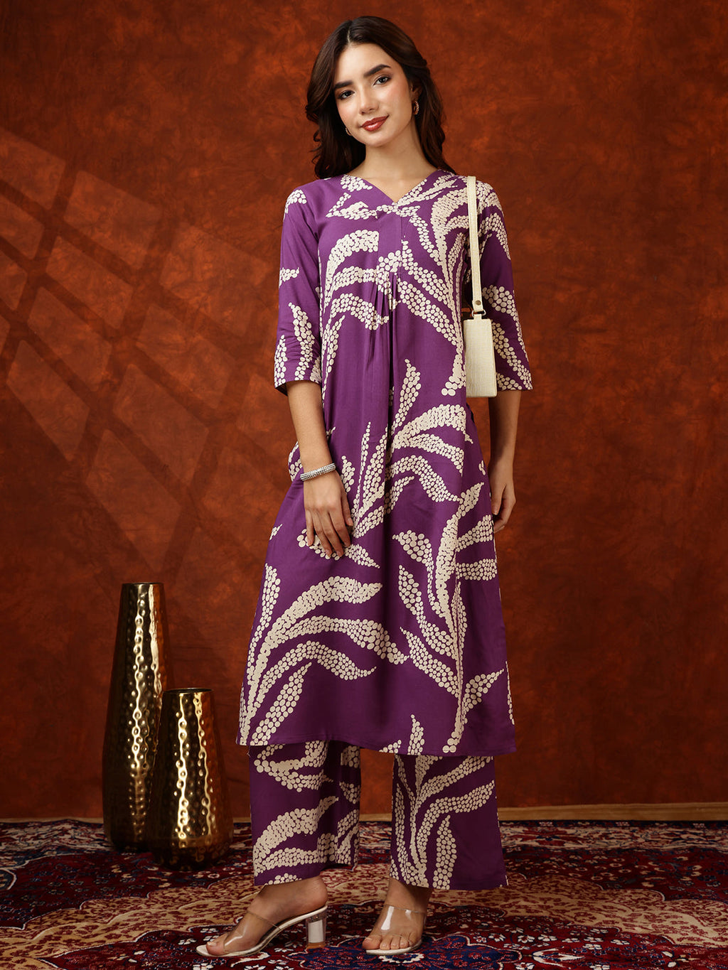 Botanical Printed Kurta With Palazzo Pant, Purple - Hiral Fashion | Grocsy