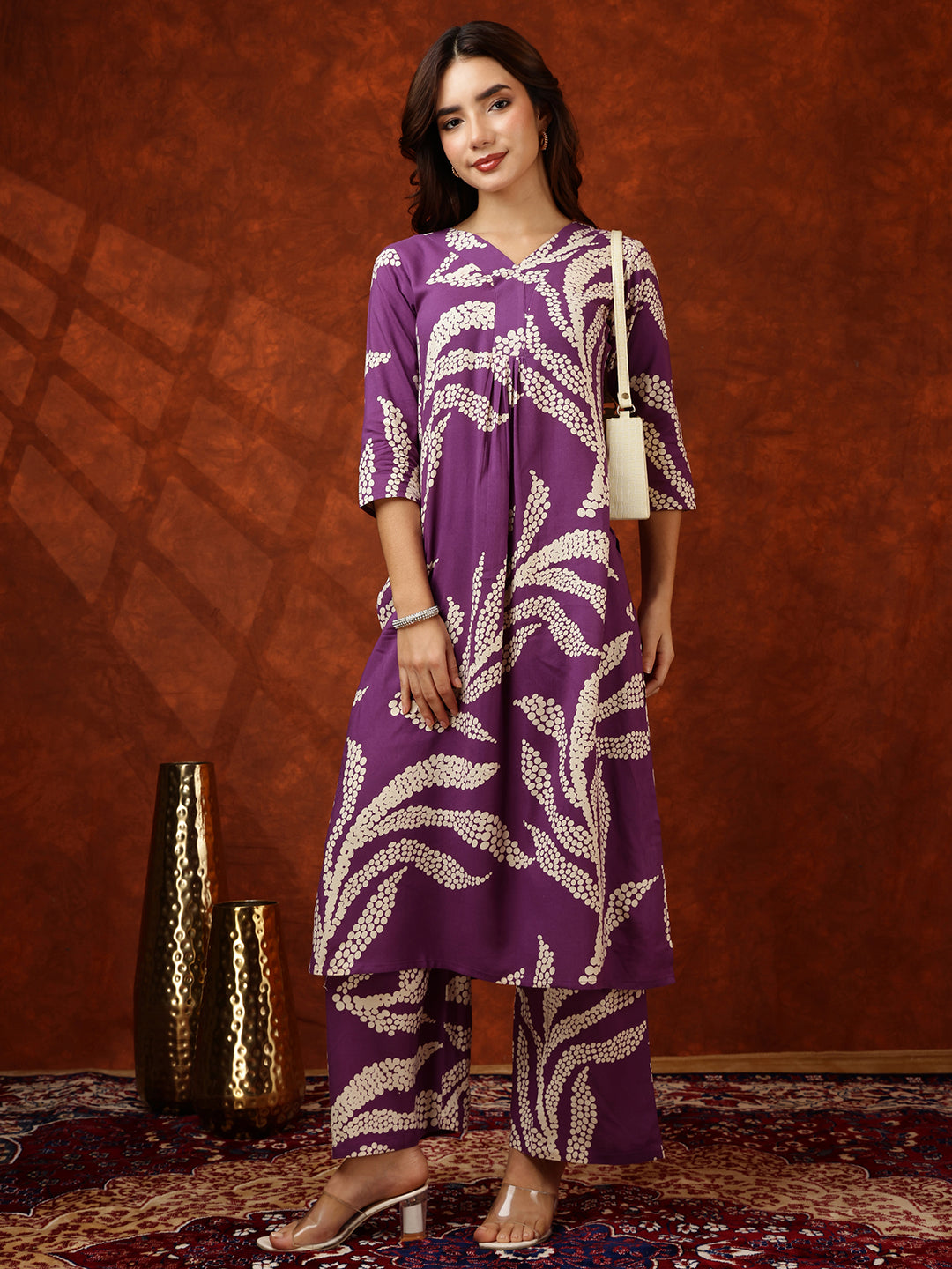Botanical Printed Kurta With Palazzo Pant, Purple - Hiral Fashion | Grocsy