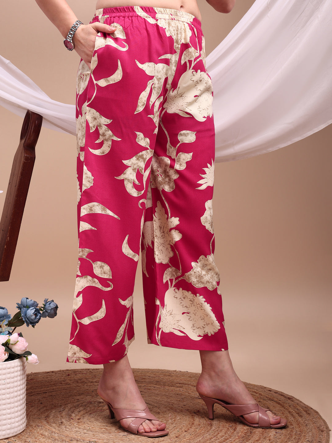 Floral Printed Kurta With Palazzo Pant, Pink - Hiral Fashion | Grocsy