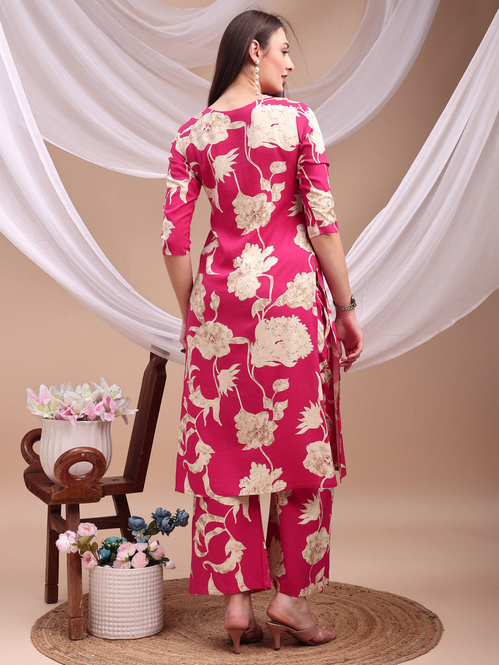 Floral Printed Kurta With Palazzo Pant, Pink - Hiral Fashion | Grocsy