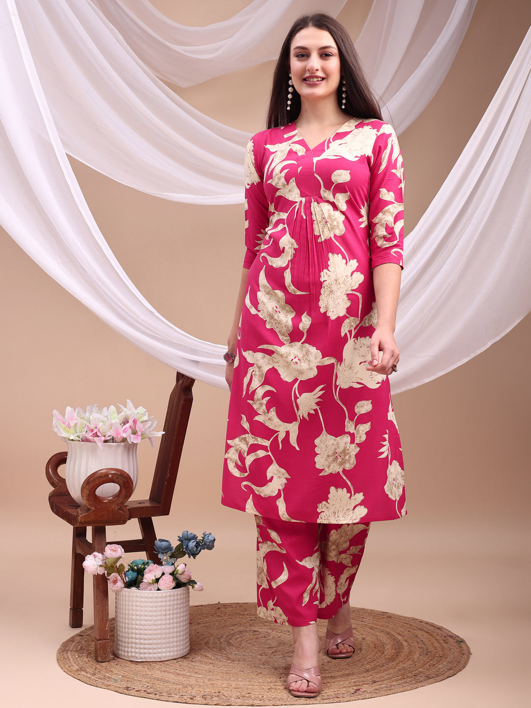 Floral Printed Kurta With Palazzo Pant, Pink - Hiral Fashion | Grocsy