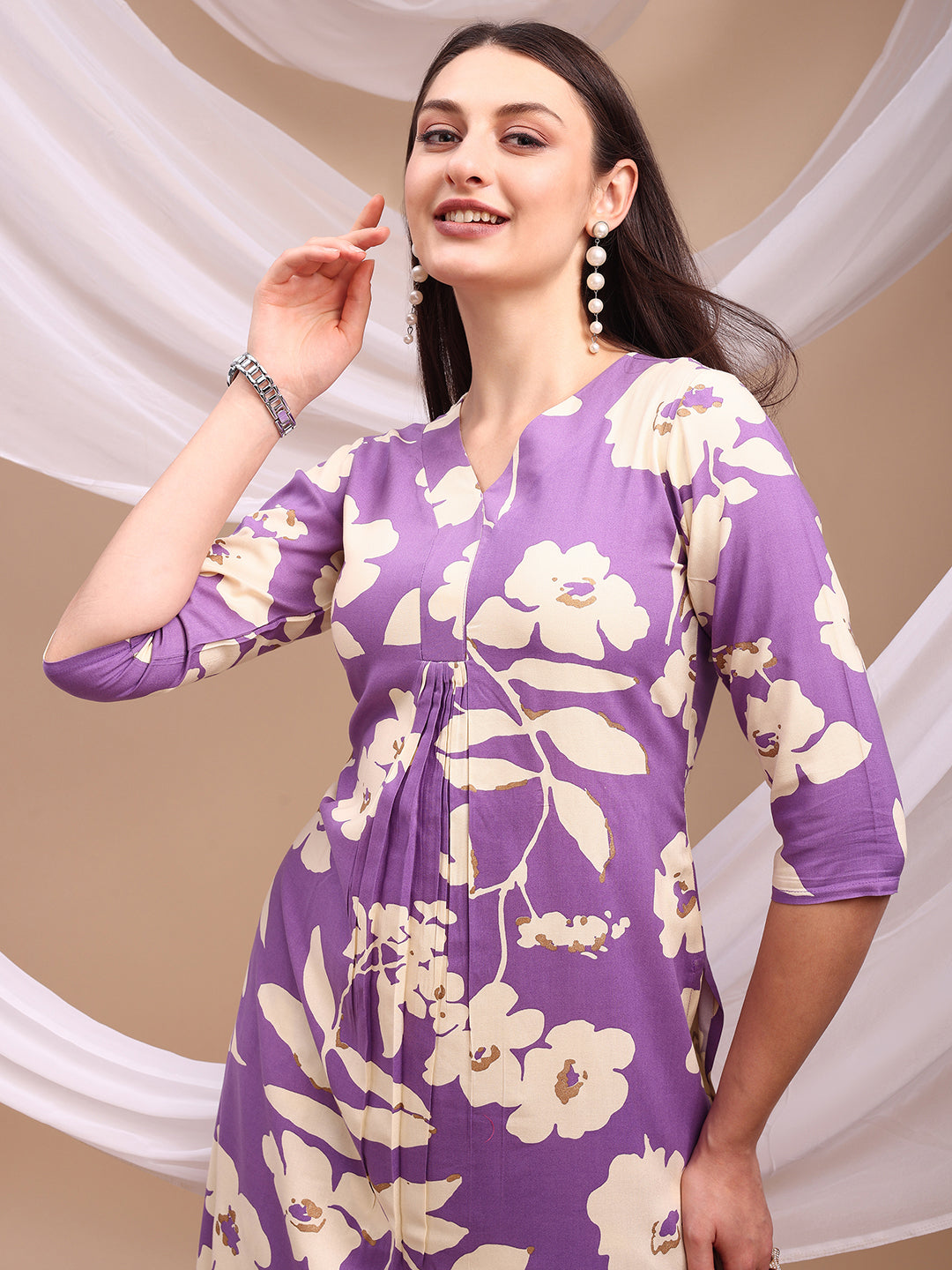 Floral Printed Kurta With Palazzo Pant, Lavender - Hiral Fashion | Grocsy