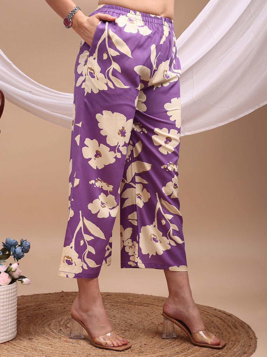 Floral Printed Kurta With Palazzo Pant, Lavender - Hiral Fashion | Grocsy