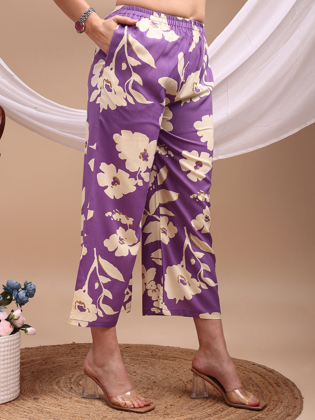 Floral Printed Kurta With Palazzo Pant, Lavender - Hiral Fashion | Grocsy
