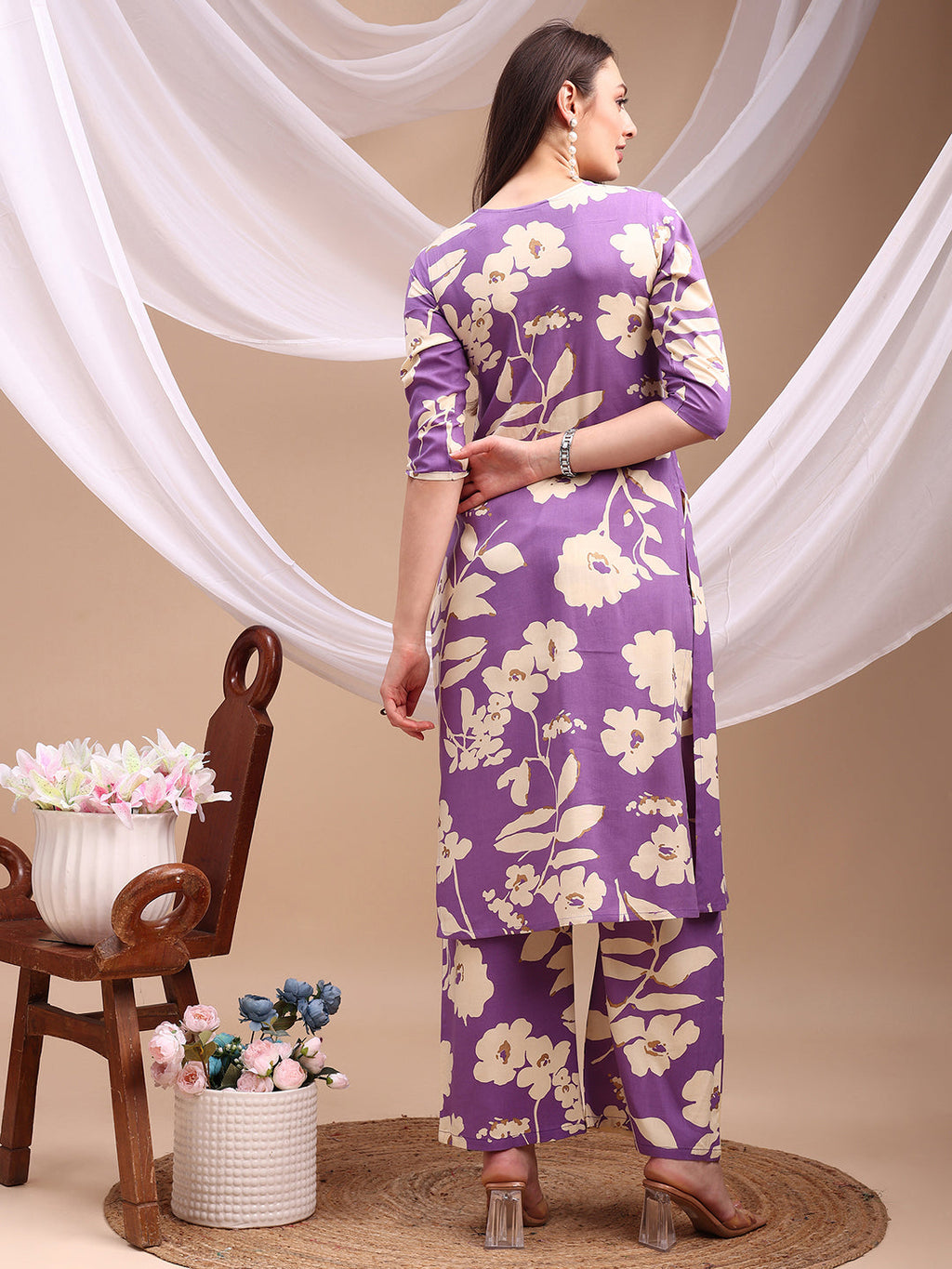 Floral Printed Kurta With Palazzo Pant, Lavender - Hiral Fashion | Grocsy