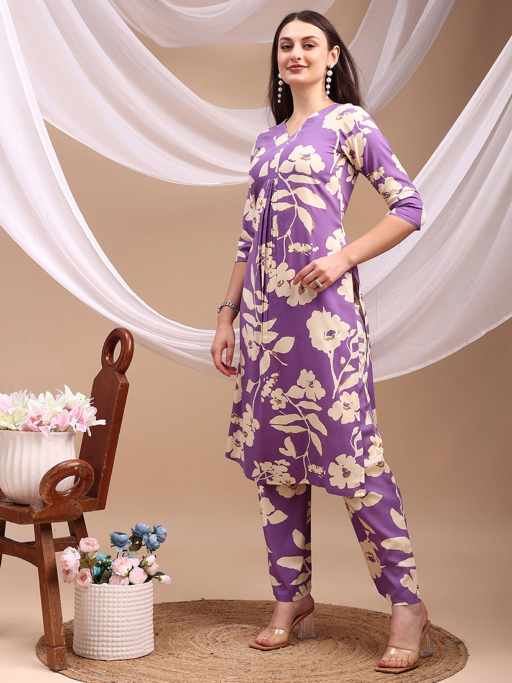 Floral Printed Kurta With Palazzo Pant, Lavender - Hiral Fashion | Grocsy