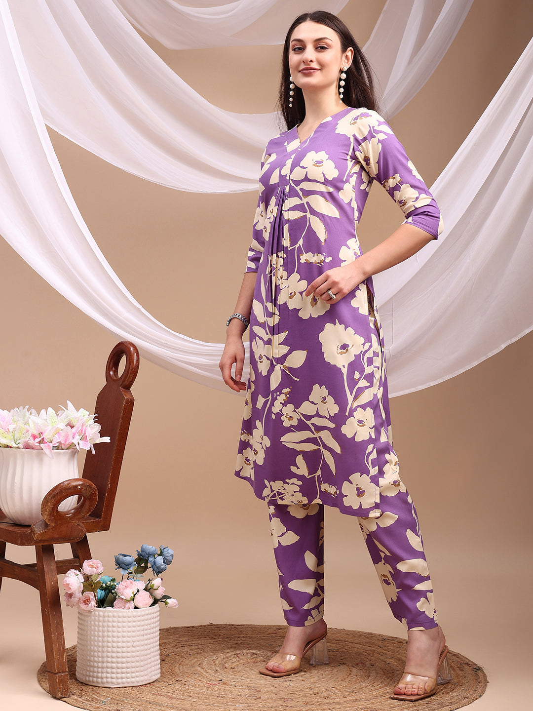 Floral Printed Kurta With Palazzo Pant, Lavender - Hiral Fashion | Grocsy