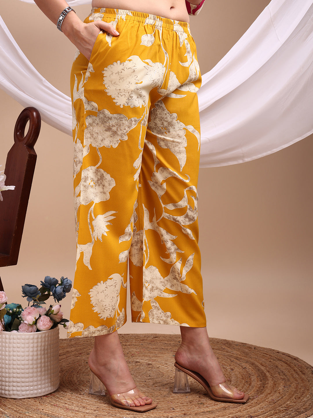 Floral Printed Kurta With Palazzo Pant, Yellow - Hiral Fashion | Grocsy