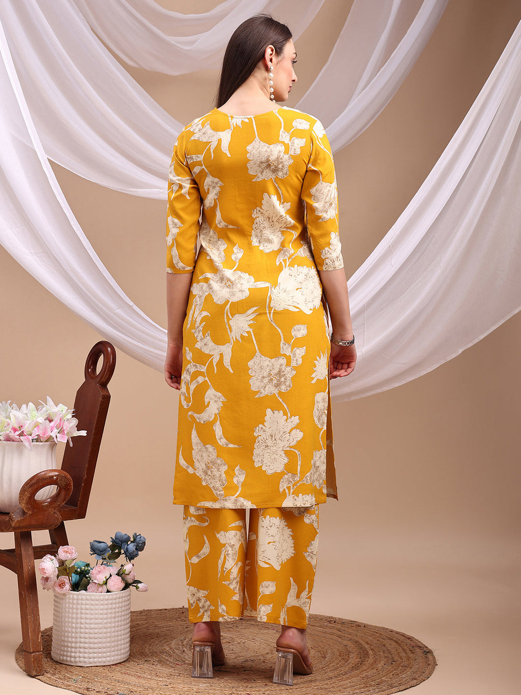 Floral Printed Kurta With Palazzo Pant, Yellow - Hiral Fashion | Grocsy