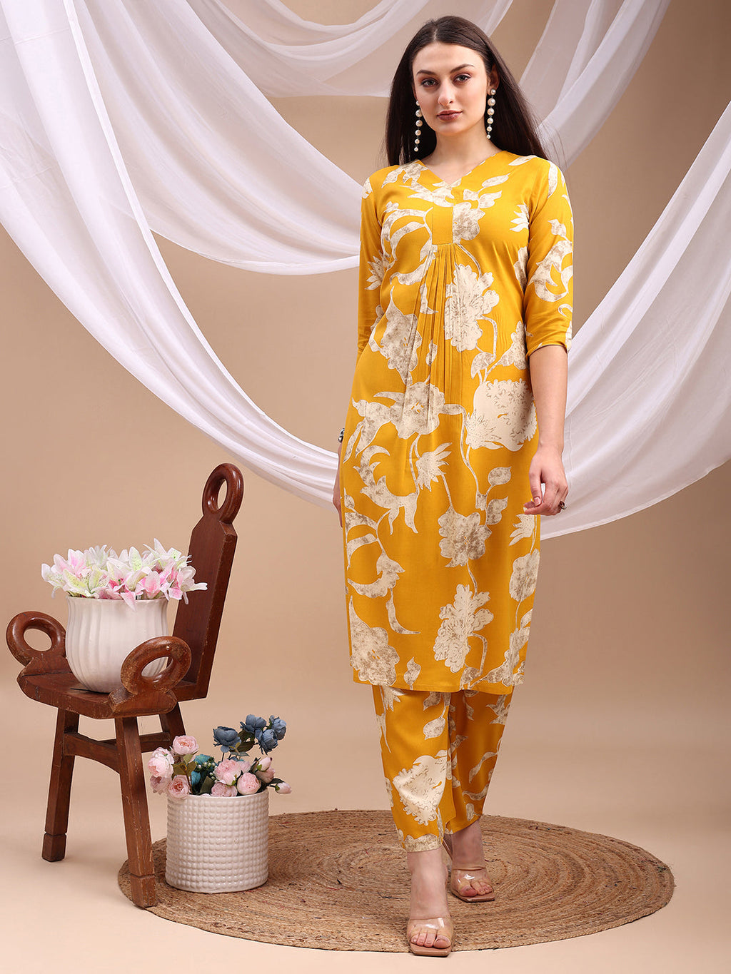 Floral Printed Kurta With Palazzo Pant, Yellow - Hiral Fashion | Grocsy