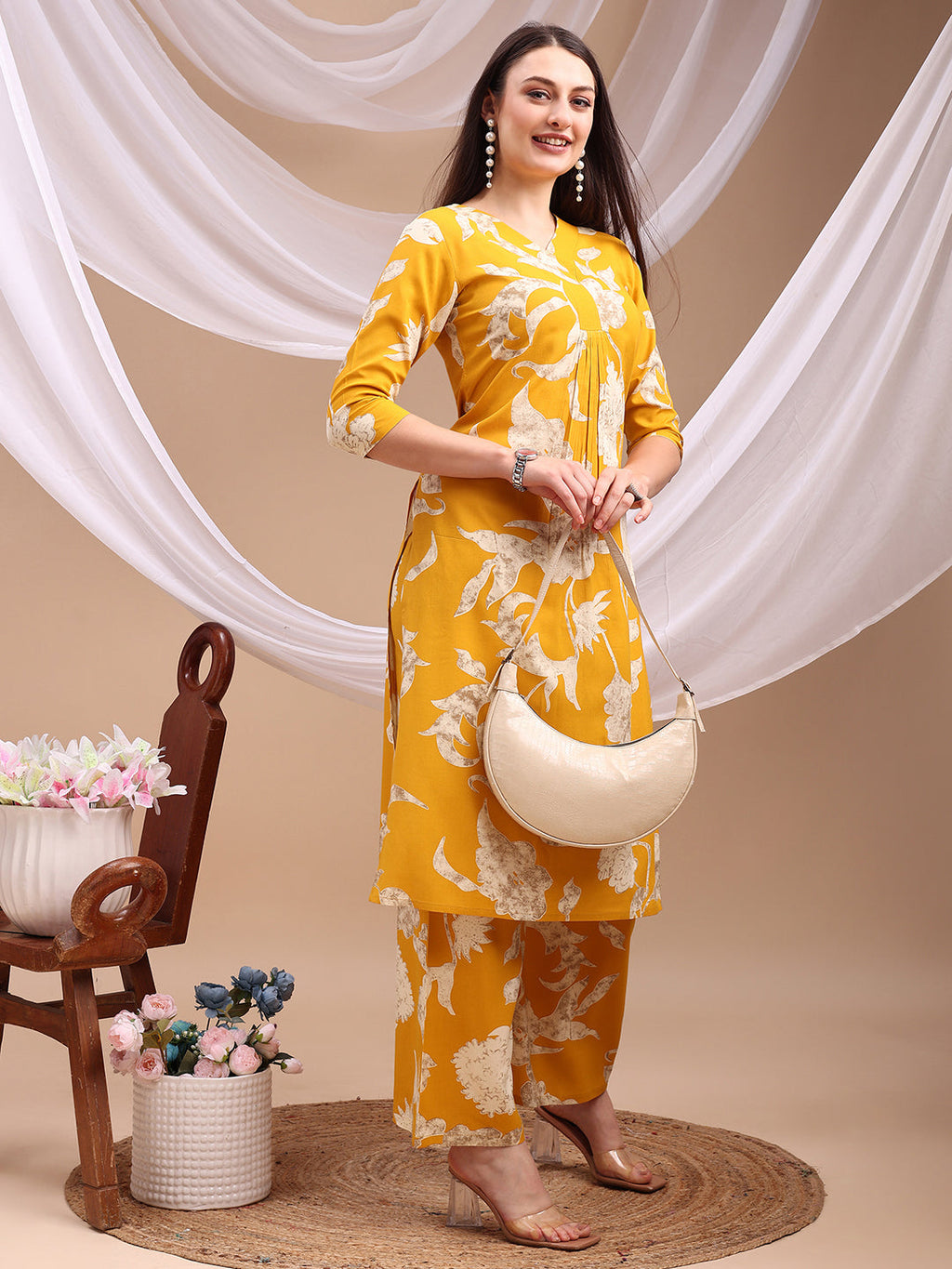Floral Printed Kurta With Palazzo Pant, Yellow - Hiral Fashion | Grocsy