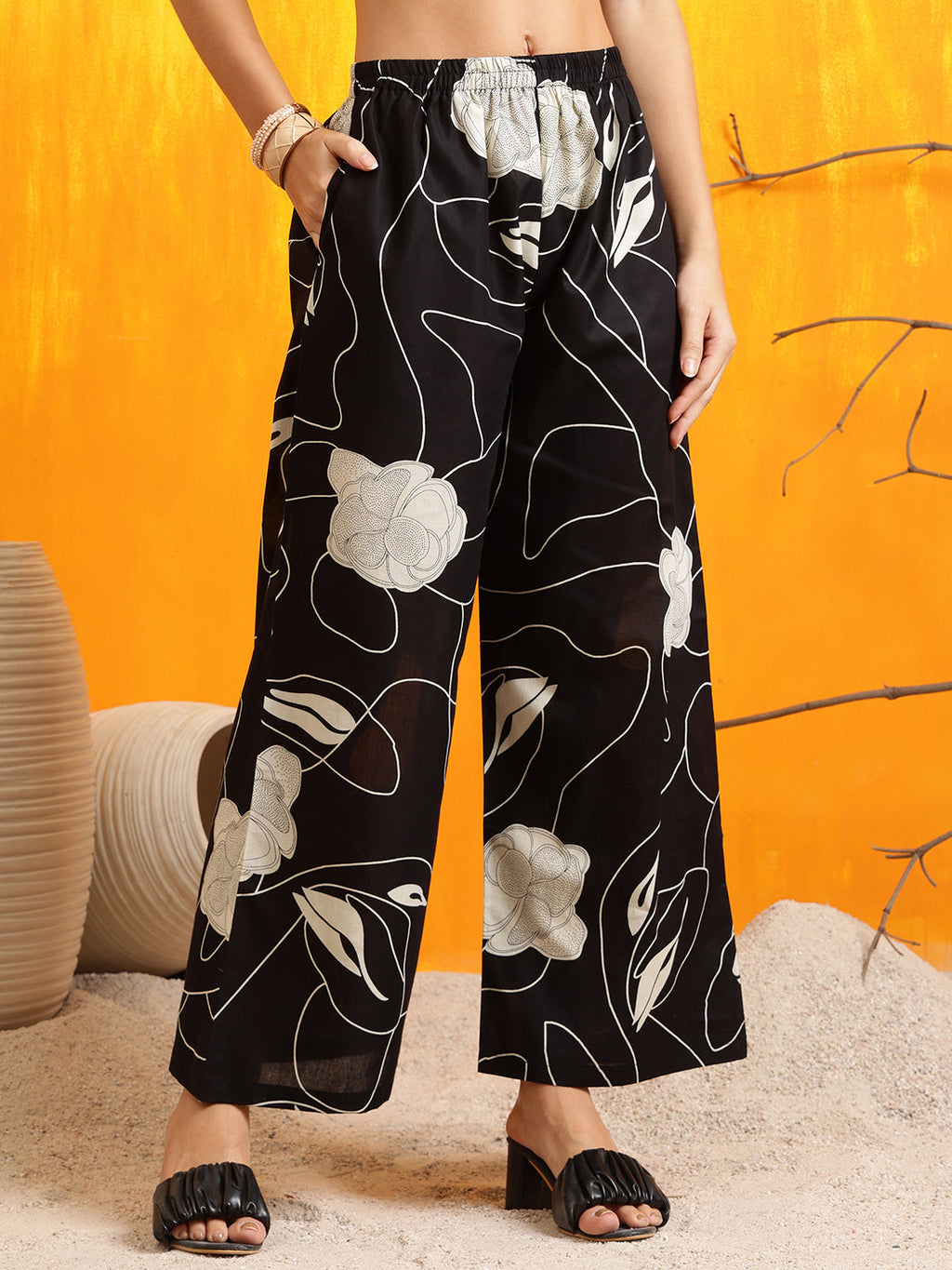 Printed Kurta With Palazzo Pants, Black - Hiral Fashion | Grocsy