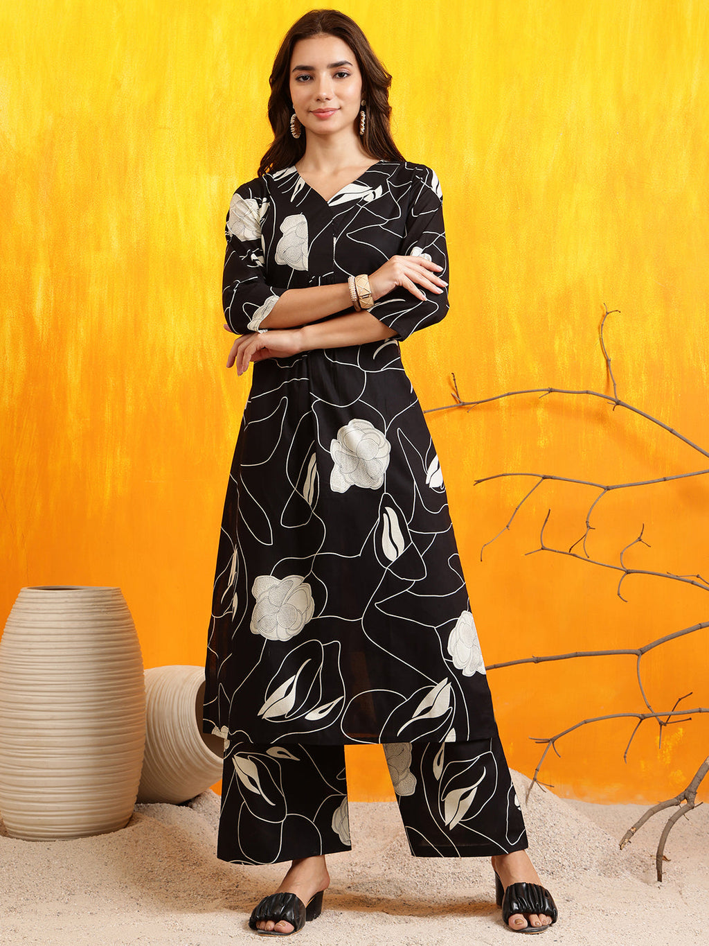 Printed Kurta With Palazzo Pants, Black - Hiral Fashion | Grocsy