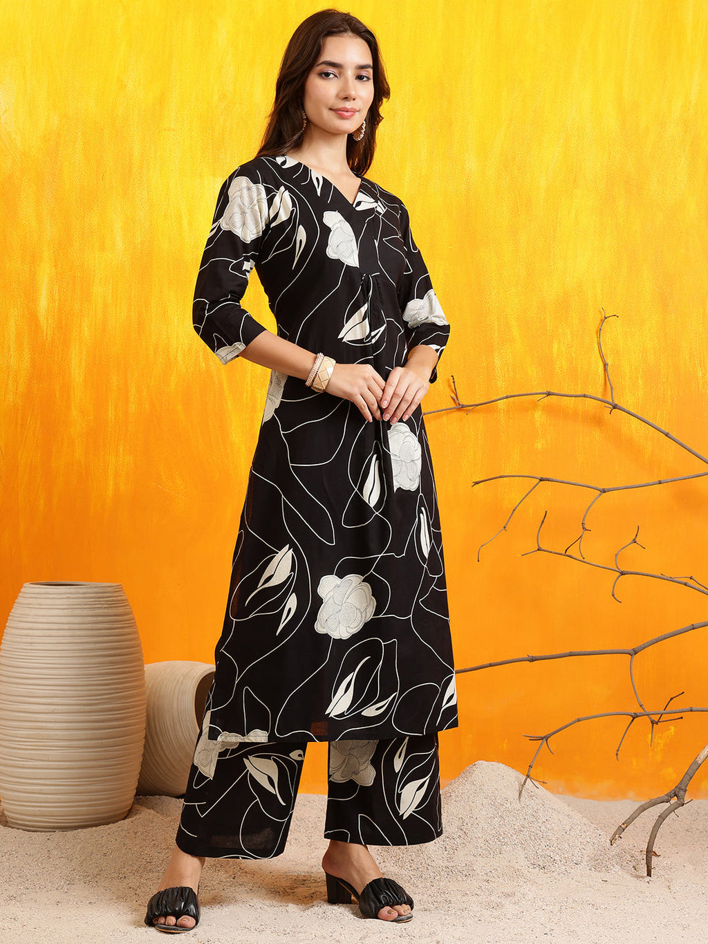 Printed Kurta With Palazzo Pants, Black - Hiral Fashion | Grocsy