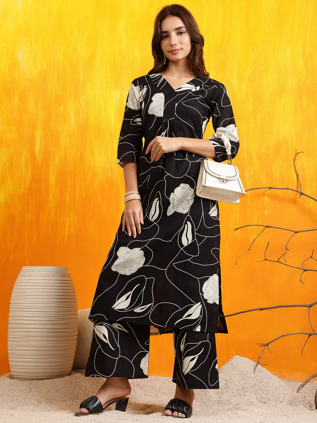 Printed Kurta With Palazzo Pants, Black - Hiral Fashion | Grocsy