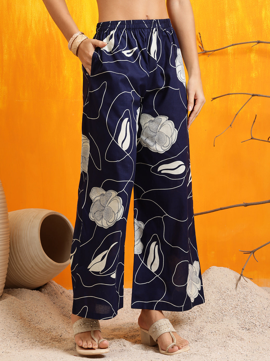 Printed Kurta With Palazzo Pants, Navy Blue - Hiral Fashion | Grocsy