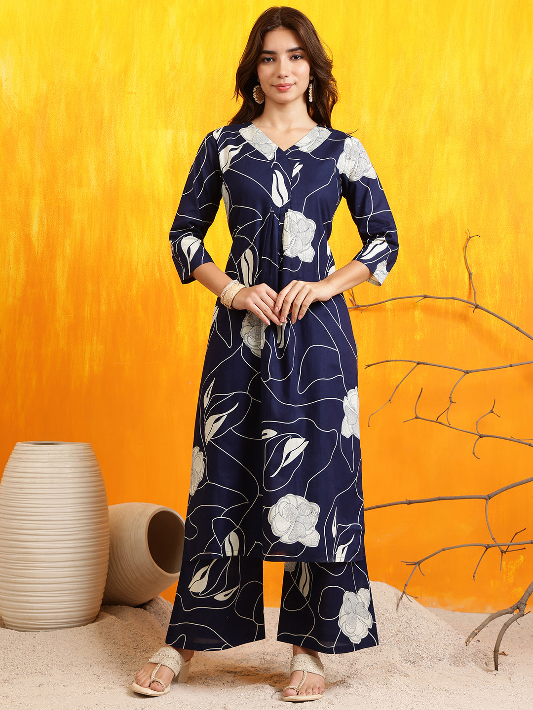 Printed Kurta With Palazzo Pants, Navy Blue - Hiral Fashion | Grocsy