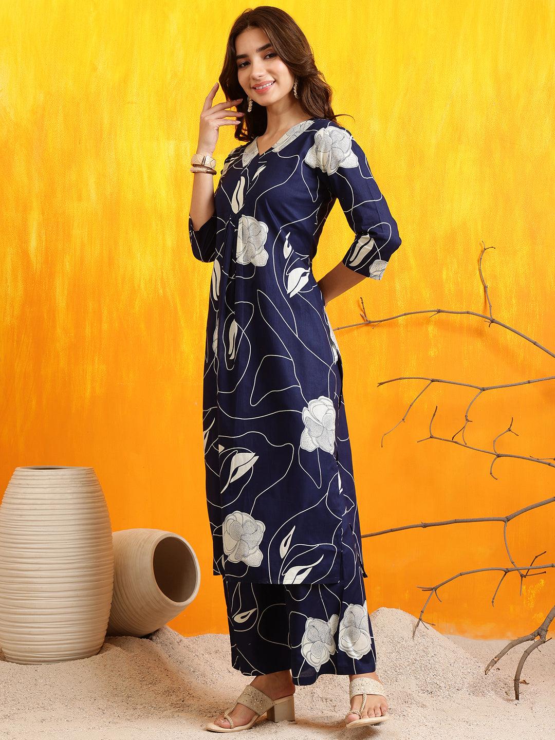 Printed Kurta With Palazzo Pants, Navy Blue - Hiral Fashion | Grocsy