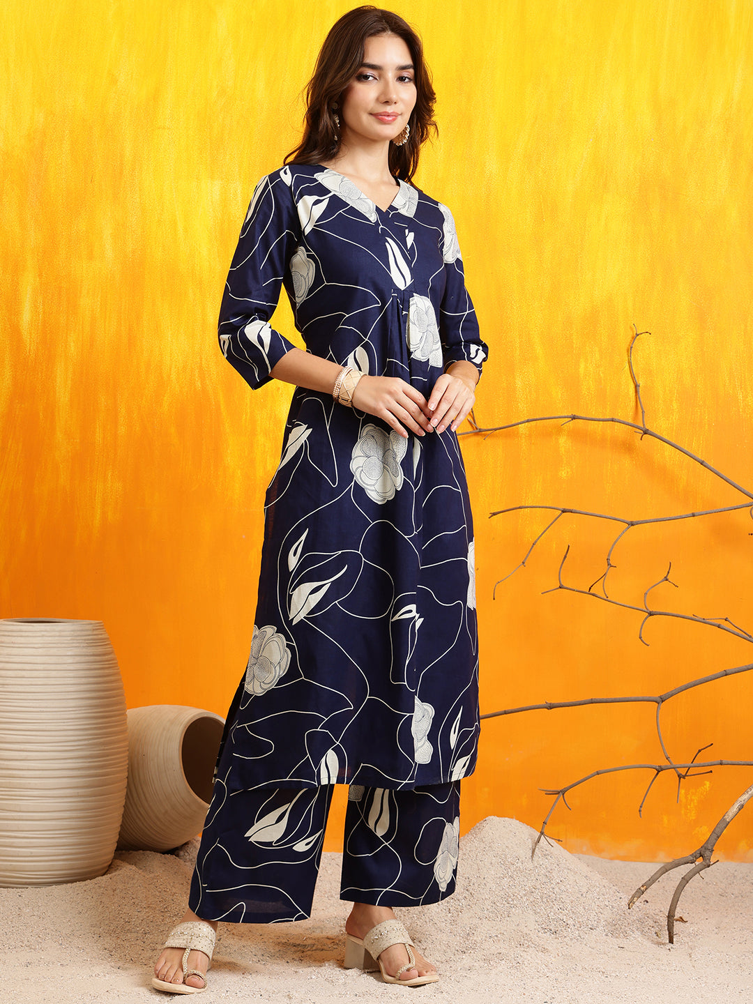 Printed Kurta With Palazzo Pants, Navy Blue - Hiral Fashion | Grocsy