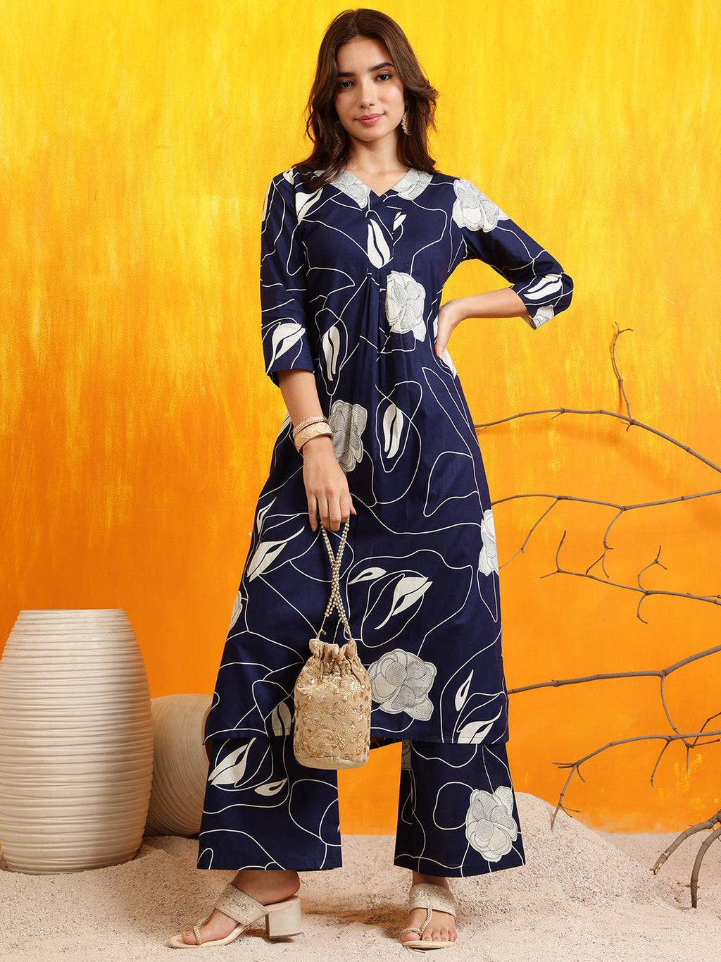 Printed Kurta With Palazzo Pants, Navy Blue - Hiral Fashion | Grocsy