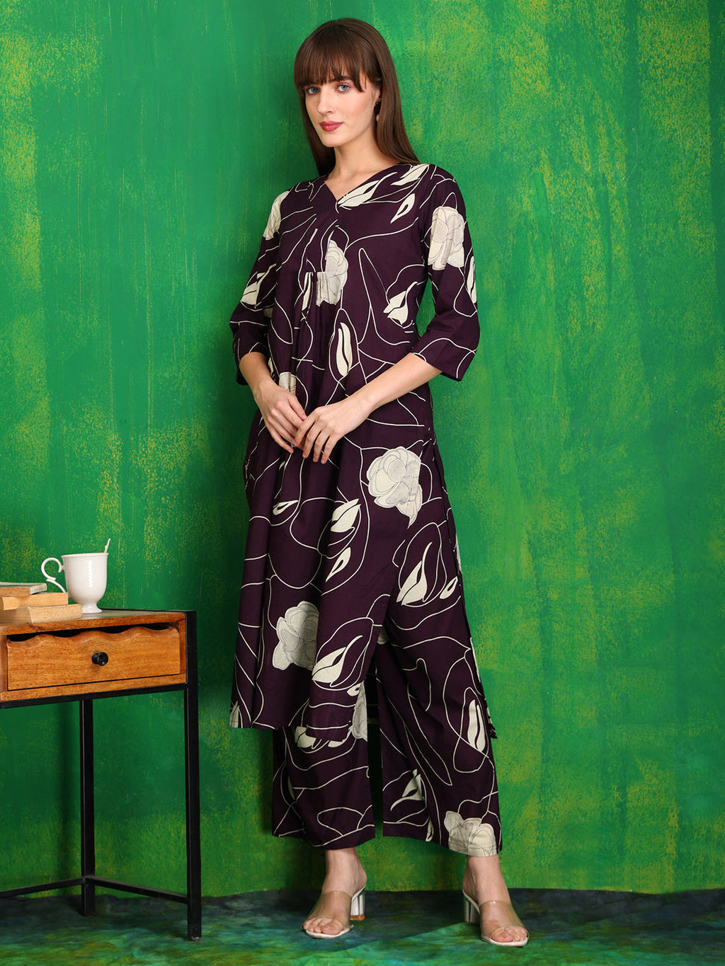 Printed Kurta With Palazzo Pants, Wine - Hiral Fashion | Grocsy