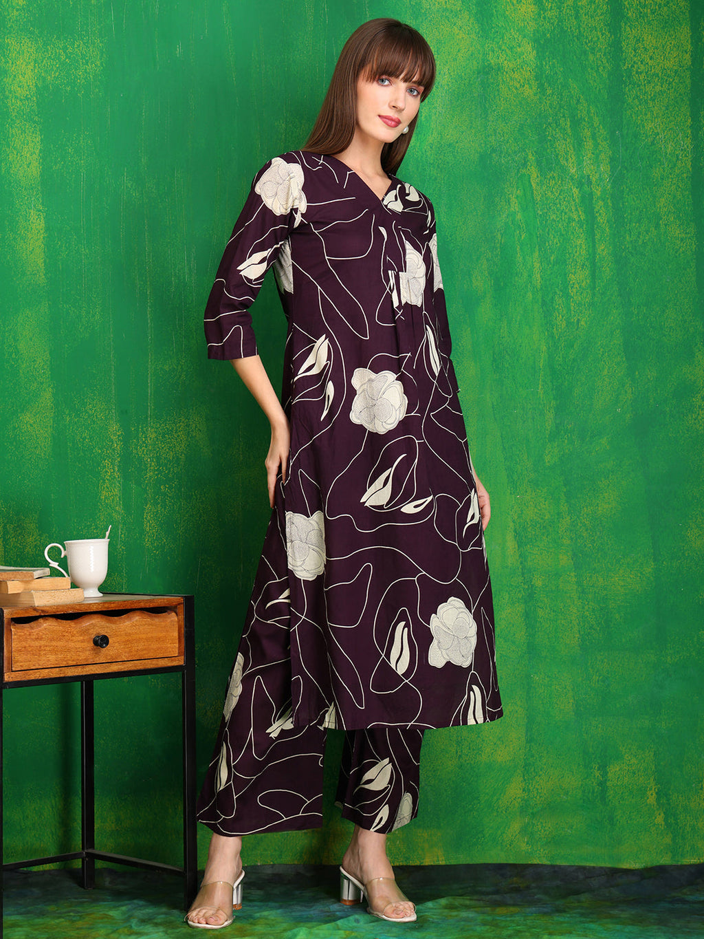 Printed Kurta With Palazzo Pants, Wine - Hiral Fashion | Grocsy