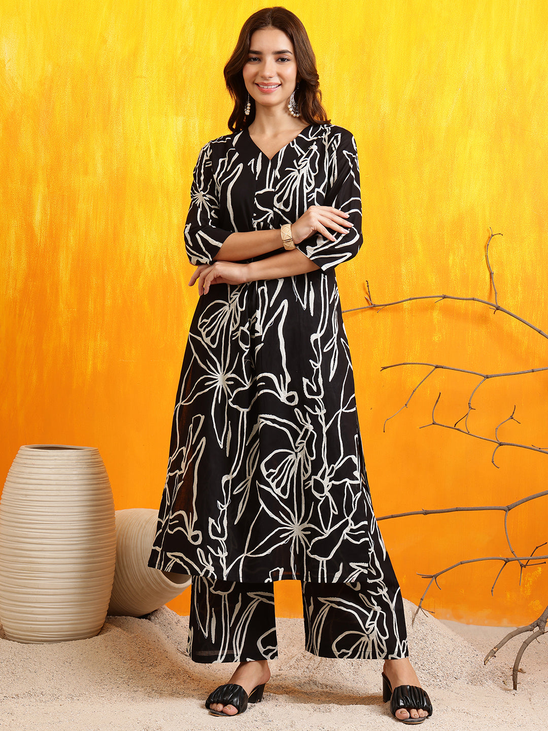 Printed Kurta With Palazzo Pants, Black - Hiral Fashion | Grocsy