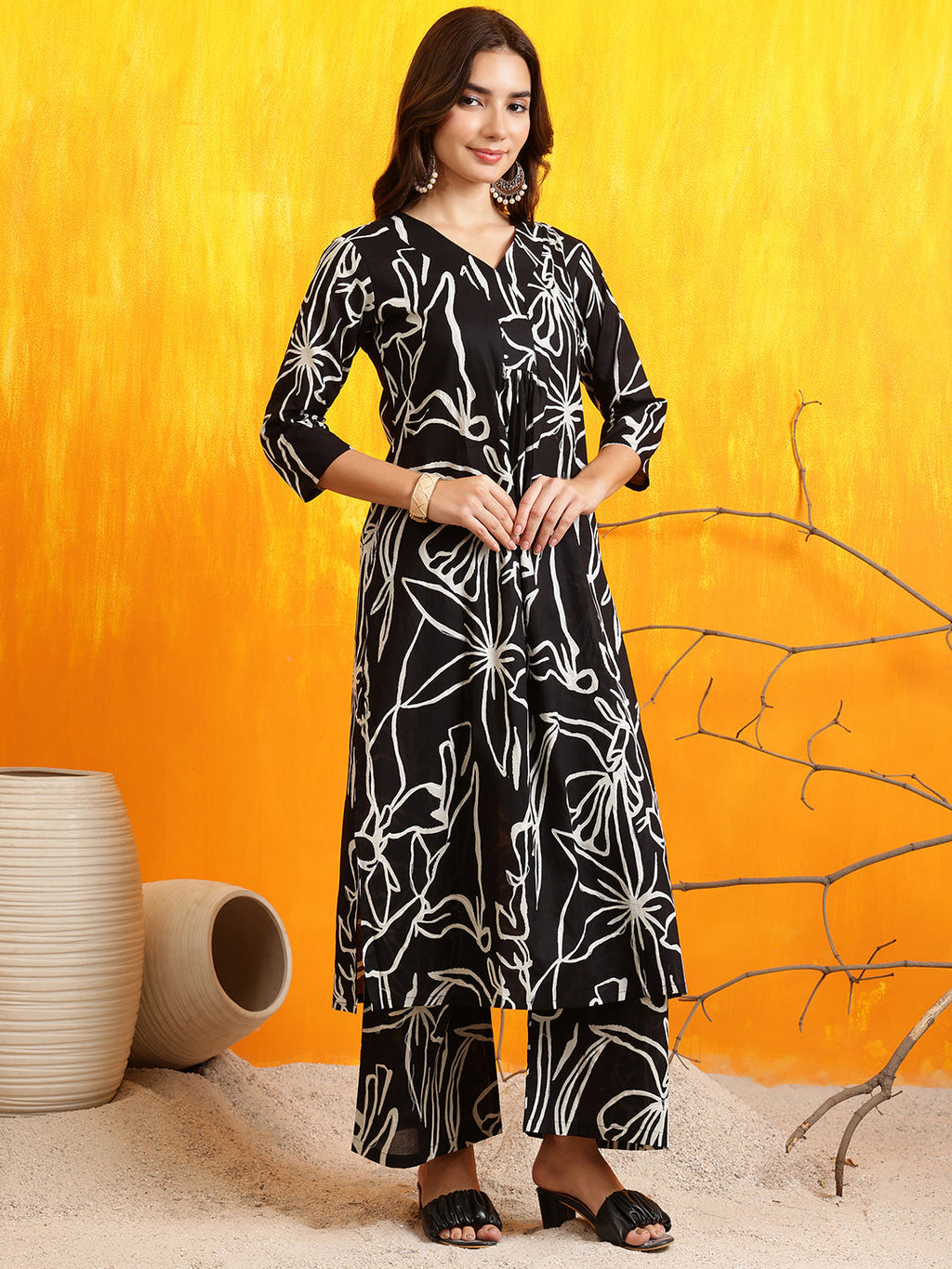 Printed Kurta With Palazzo Pants, Black - Hiral Fashion | Grocsy