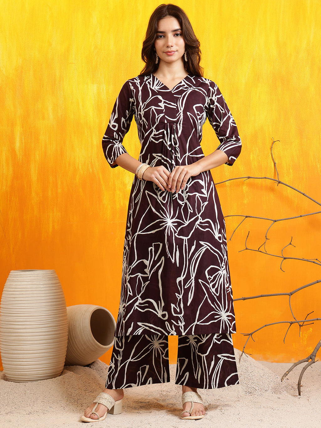 Printed Kurta With Palazzo Pants, Wine - Hiral Fashion | Grocsy