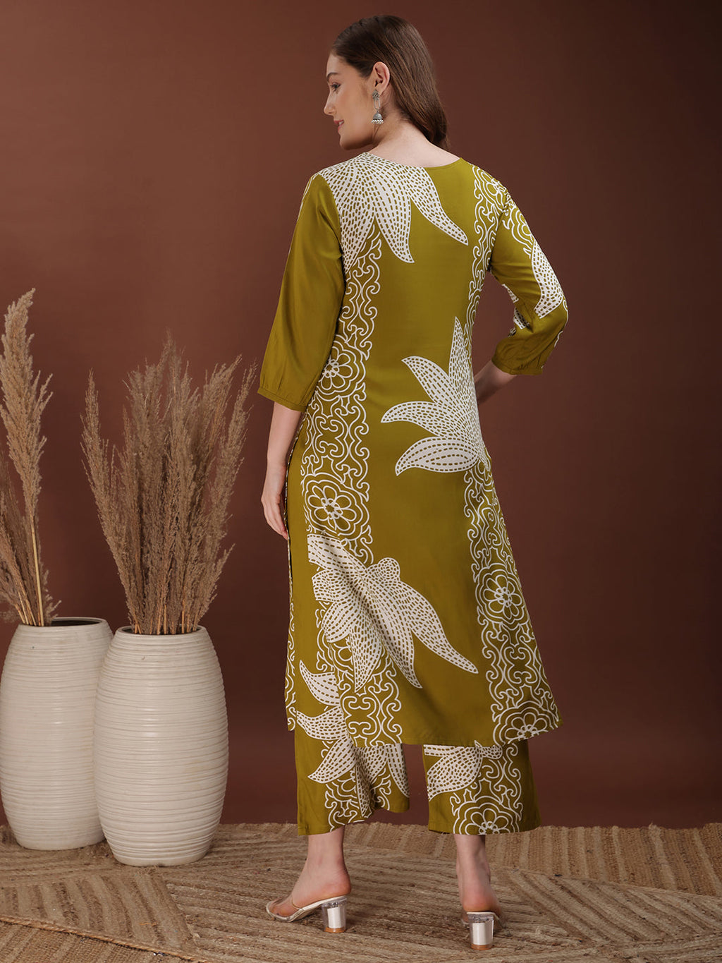 Hand Embroidered With Floral & Leaf Printed Kurta And Palazzo, Olive - Hiral Fashion | Grocsy